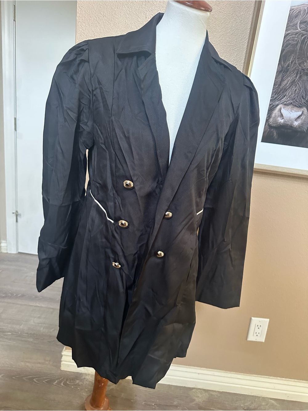 XL Black Double-Breasted Women's Blazer Coat Puff Sleeves Floral Blooming